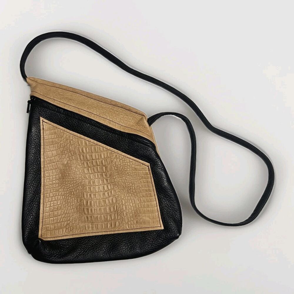 Thomas Leathers Dragonfly 2 Tone Leather Tan Black Crossbody Purse Handbag